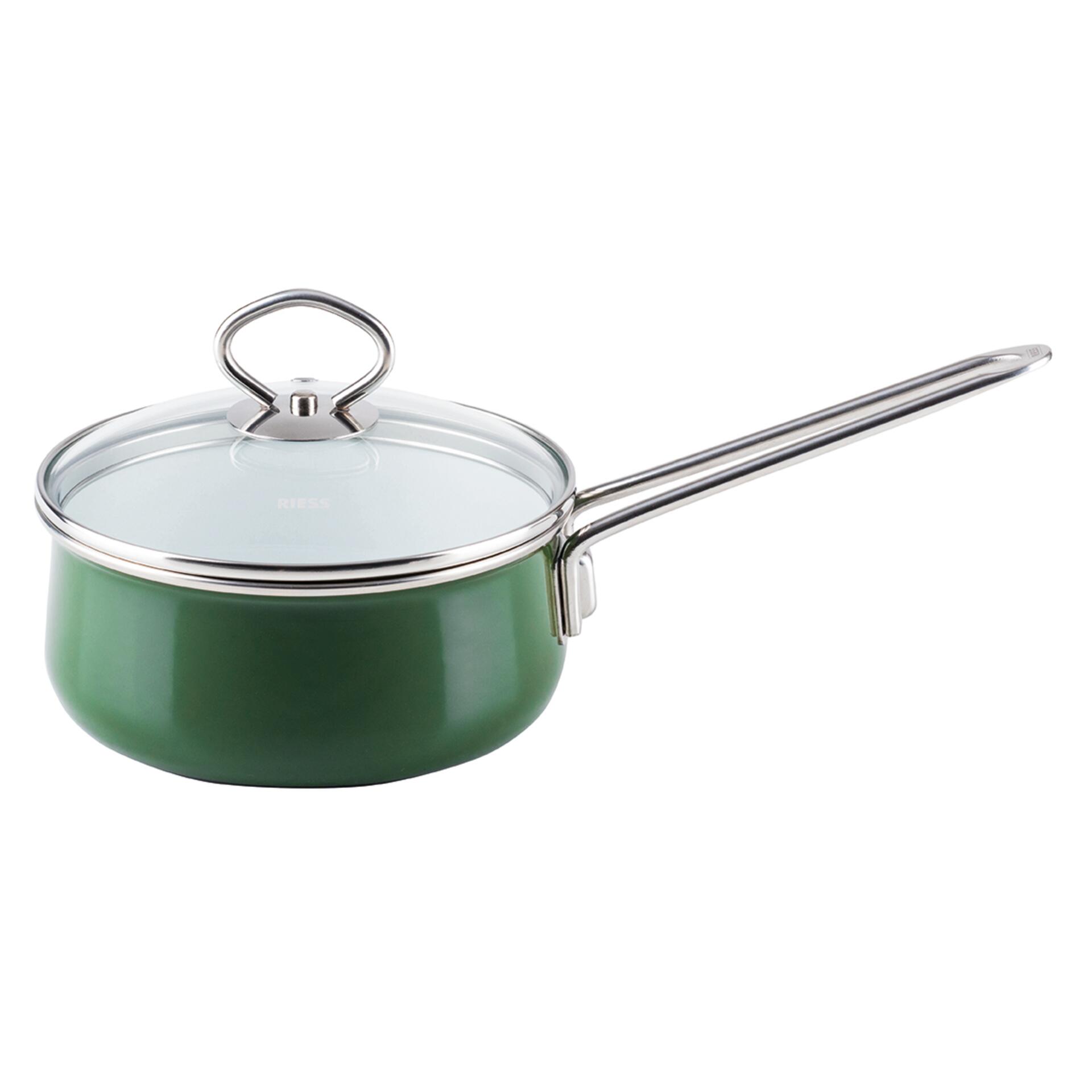 Riess Emaille Stielkasserolle mit Glasdeckel 16 cm 1 l Nouvelle Verde Top 3000