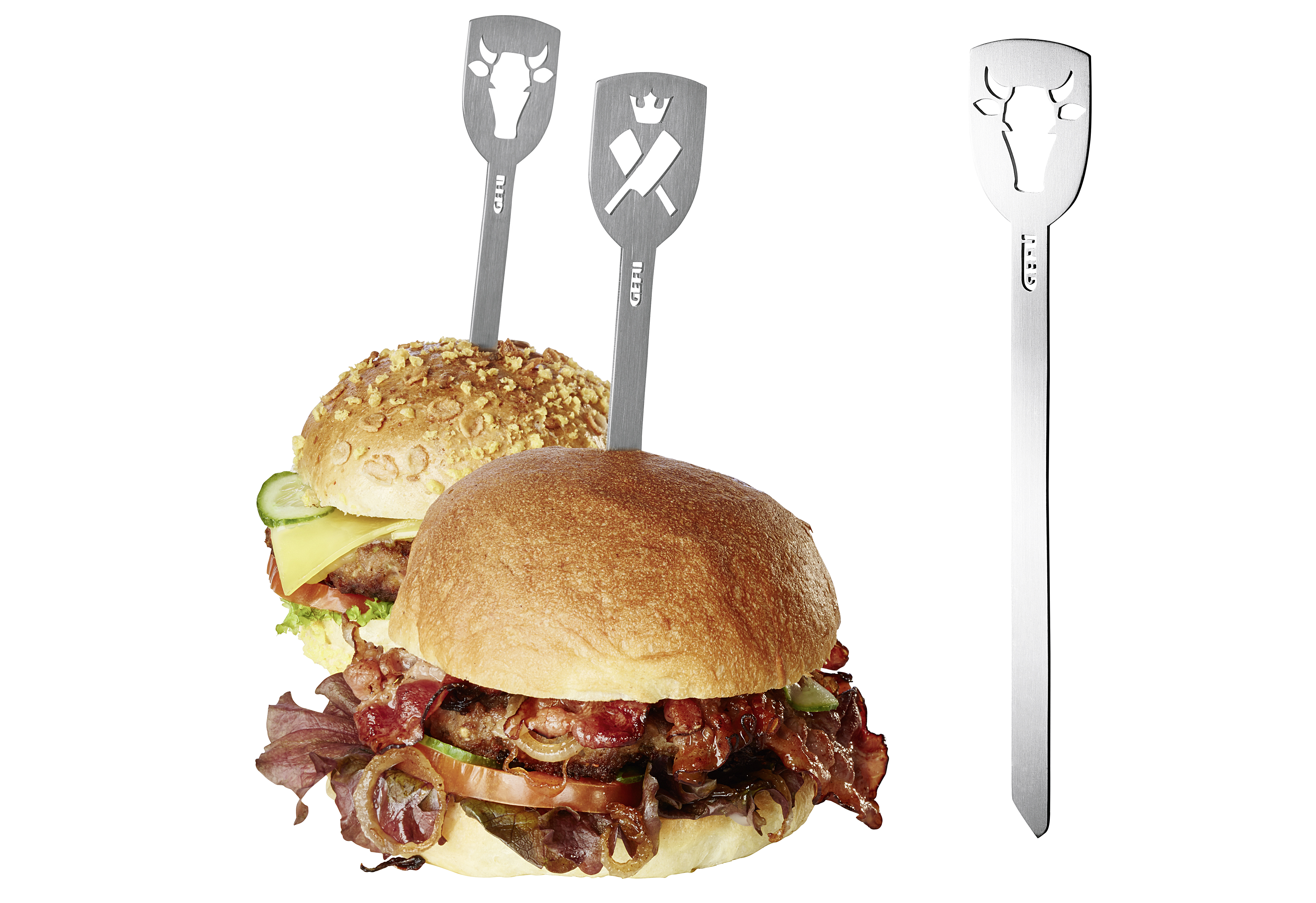 Gefu Hamburger-Spieße TORRO, 2 Stück (Stier/Fleischerbe